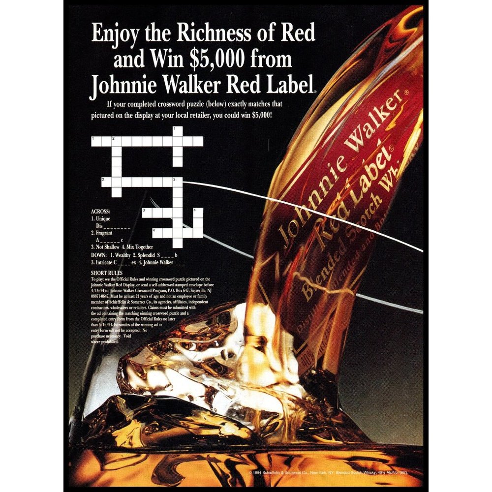 1994 Johnnie Walker Red Label Vintage Print Ad Crossword Puzzle Wall Art Photo